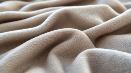 Close-up of soft beige fabric, showcasing a smooth texture with gentle waves. Natural light highlights the fabric's quality, perfect for various design projects.の素材
