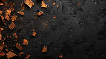 This image features a dark, textured background scattered with broken chocolate pieces and cocoa powder, perfect for culinary presentations and dessert themes.の素材