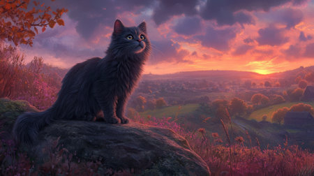 A majestic cat stands on a rock, gazing thoughtfully at a stunning sunset over a tranquil countryside landscape. Vivid colors fill the sky, creating a serene atmosphere.の素材