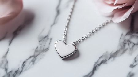 A beautiful silver heart necklace elegantly rests on a polished marble surface, surrounded by soft pink roses, creating a romantic and stylish atmosphere.の素材