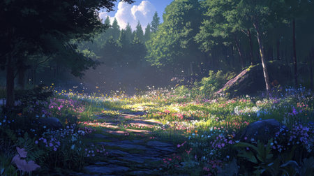 A peaceful forest meadow adorned with vibrant wildflowers and soft sunlight filtering through tall trees. An ideal serene landscape for nature lovers.の素材