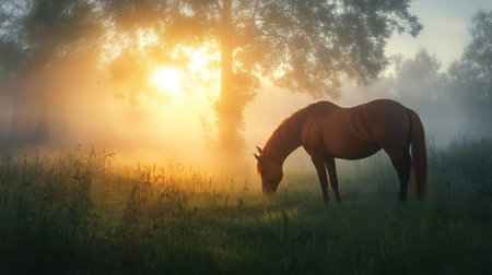 A beautiful brown horse grazes peacefully in a misty meadow during sunrise. The soft light and serene atmosphere create a tranquil scene perfect for nature lovers.の素材