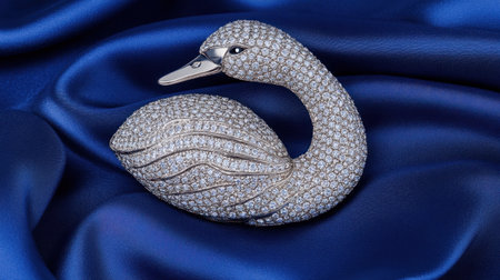 A stunning rhinestone swan brooch set against a rich blue satin fabric, showcasing exquisite craftsmanship and luxurious details, perfect for fashion enthusiasts.の素材