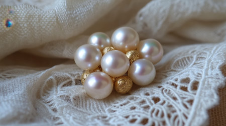 This exquisite pearl brooch features delicate gold accents, resting gracefully on soft lace fabric, perfect for adding elegance to any outfit or occasion.の素材