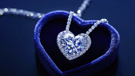 A beautiful heart-shaped diamond necklace rests in an elegant blue velvet box, showcasing its stunning sparkle and luxury appeal, perfect for special occasions.の素材