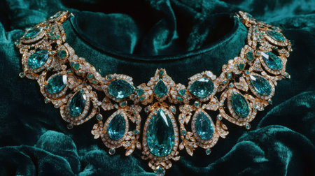 This stunning antique necklace features vibrant blue gemstones and intricate gold detailing, beautifully displayed against a rich fabric backdrop, perfect for luxury-themed images.の素材