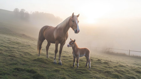 A captivating scene featuring a majestic horse alongside its adorable foal in a misty morning landscape. The soft light illuminates the serene surroundings, showcasing the bond between them.の素材