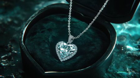 Stunning heart-shaped blue diamond necklace displayed in a sleek black jewelry box on an aqua background, perfect for showcasing elegance and luxury.の素材