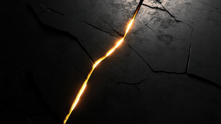 This captivating image features a crack in a black surface illuminated by a bright glow, creating a striking contrast and evoking a sense of mystery and depth.の素材