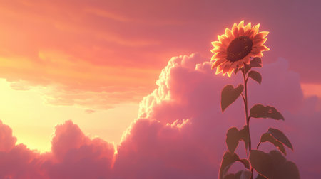 A stunning sunflower stands tall against a dramatic sunset sky, showcasing radiant colors and fluffy clouds, perfect for nature enthusiasts and art lovers.の素材