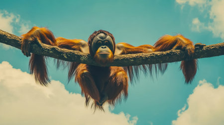 A captivating image of a majestic orangutan hanging on a branch, surrounded by a bright blue sky and fluffy clouds, showcasing the beauty of wildlife.の素材