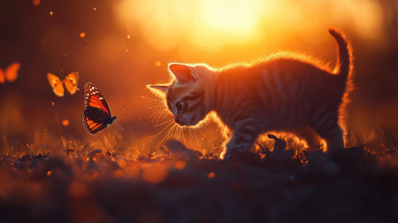 A charming scene featuring a curious kitten gazing at a vibrant butterfly during a stunning sunset. The warm golden light creates a magical atmosphere.の素材