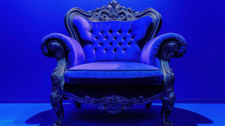 Elegant royal blue velvet armchair features intricate details, standing out against a vivid blue background, perfect for modern and classic interiors.の素材