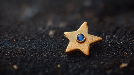 This image features a golden star pendant adorned with a blue gemstone, resting on a dark textured surface. The design exudes elegance and craftsmanship.の素材