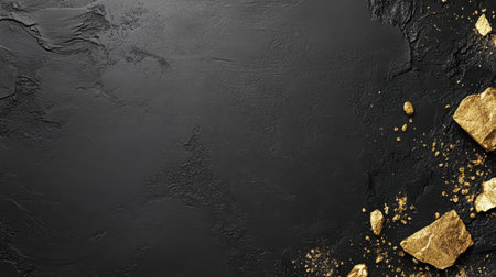 A striking black textured background elegantly showcases scattered gold nuggets, creating a luxurious and sophisticated visual perfect for various design projects.の素材