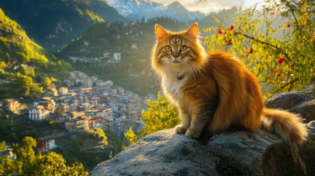 A stunning ginger cat perched on a rock with a picturesque mountain village in the background, illuminated by warm sunset light, showcases natural beauty.の素材