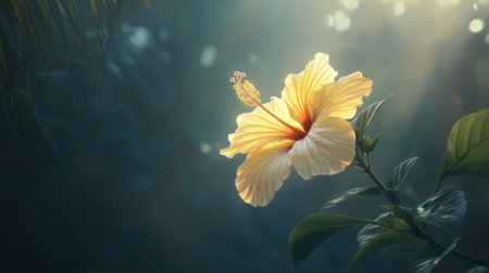 A stunning close-up of a delicate yellow hibiscus flower, perfectly illuminated by soft morning light. This serene natural setting evokes tranquility and beauty.の素材
