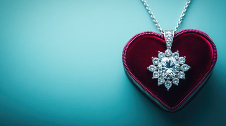 A stunning silver necklace featuring an intricate diamond pendant sits elegantly on a heart-shaped jewelry box, creating a perfect romantic gift.の素材