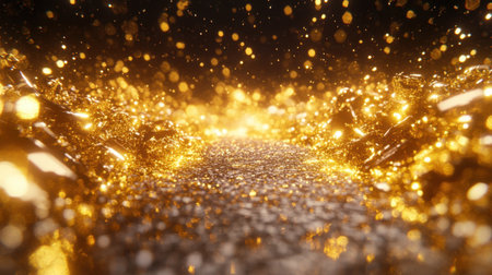 A stunning abstract representation of a shimmering golden pathway surrounded by sparkling dust, illuminated against a dark backdrop, evoking feelings of luxury and enchantment.の素材