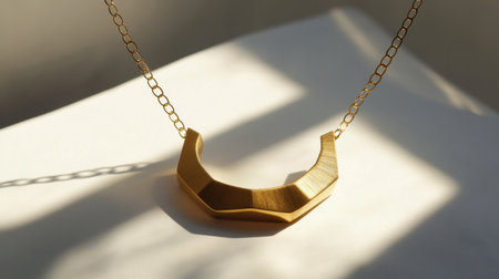 This exquisite golden necklace features a geometric design that catches the light beautifully. Ideal for fashion photography, it adds elegance to any outfit.の素材