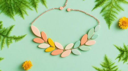 This beautifully crafted necklace features pastel leaf shapes in a variety of colors against a mint green background, surrounded by natural ferns and flowers, showcasing elegance and charm.の素材