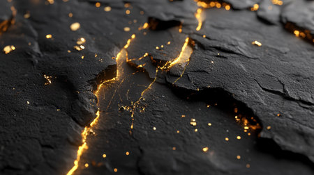 Explore an intriguing image of textured black surface featuring shimmering golden cracks, ideal for artistic and abstract design projects.の素材