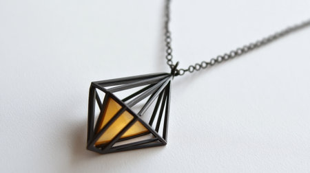 This stunning geometric pendant necklace features a striking blend of black metal and yellow accents, adding a bold statement to any outfit.の素材