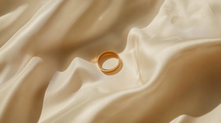 A stunning golden ring elegantly placed on soft satin fabric, highlighting its simplistic beauty and luxurious feel in a product photography setting.の素材