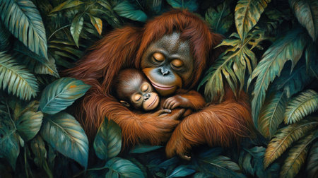 A touching scene captures a mother orangutan lovingly embracing her baby, surrounded by rich green foliage. This image showcases the deep connection and tenderness found in nature.の素材