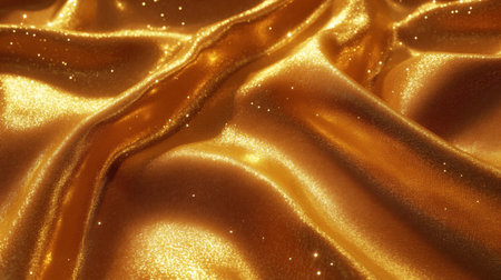 A close-up view of a shimmering golden fabric that features stunning glitter accents and soft wave patterns. Ideal for elegant design projects.の素材