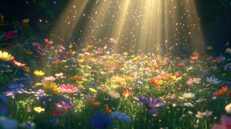 A stunning field of colorful flowers bathed in warm sunlight, with shimmering dust particles creating a serene and enchanting atmosphere.の素材