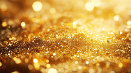 A captivating golden sparkle background featuring shimmering glitter particles and radiant light effects. This vibrant image enhances creative projects with its elegance and luxury.の素材