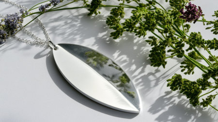 This elegant silver pendant necklace features a smooth finish and is artistically arranged with delicate natural accents, showcasing beauty and craftsmanship.の素材