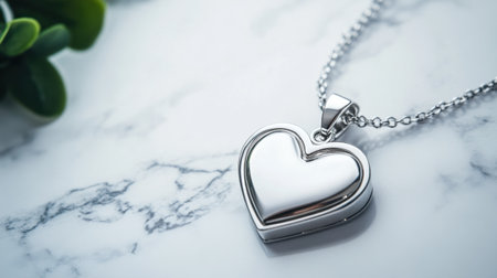 A beautiful silver heart pendant necklace gracefully rests on a marble surface, complemented by a hint of greenery, perfect for jewelry showcasing.の素材
