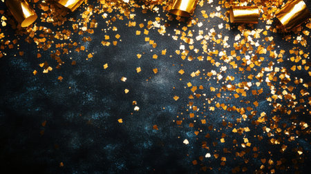 A captivating image showcasing a scattering of golden confetti over a dark surface, perfect for representing festive celebrations, parties, and special occasions.の素材
