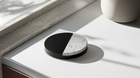 This image showcases a modern round coaster featuring a half-black, half-white design, elegantly placed on a bright surface with soft natural light.の素材