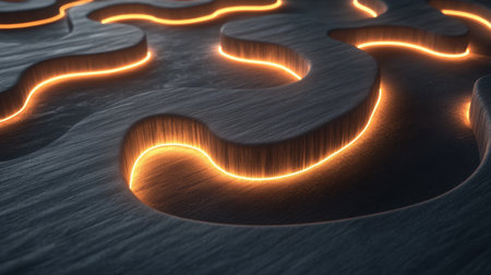 This image features abstract glowing lines on a textured dark surface, offering a modern design element ideal for creative projects and backgrounds.の素材