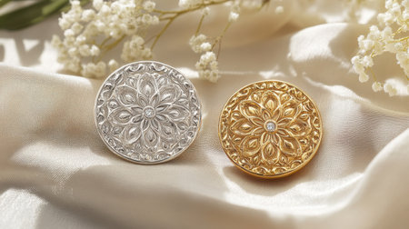 This stunning image features intricately designed silver and gold decorative coins resting on soft silk fabric, enhanced by delicate white floral accents.の素材