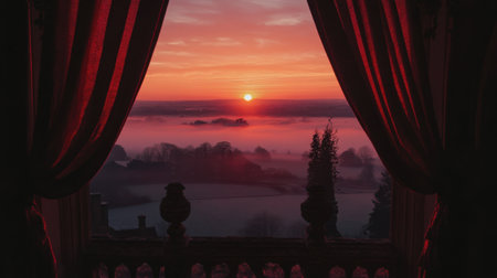 A stunning view of a vibrant sunrise illuminating a misty landscape, framed by rich red curtains in a vintage interior, evoking a serene morning atmosphere.の素材