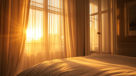 A cozy bedroom bathed in warm golden sunlight filters through sheer curtains, creating a tranquil and inviting atmosphere for relaxation and peace.の素材