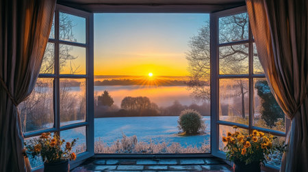 A breathtaking sunrise view framed by an open window showcases a frosty landscape with colorful flowers. The warm morning light creates a peaceful and serene atmosphere, inviting viewers to embrace the beauty of nature.の素材