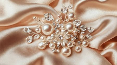 This exquisite jewelry piece features a stunning arrangement of pearls and crystals on soft satin fabric, ideal for wedding and fashion accessories.の素材