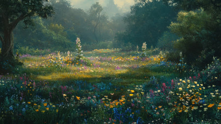 A breathtaking meadow adorned with vibrant wildflowers basking in gentle morning light, creating a serene and tranquil natural landscape perfect for relaxation.の素材