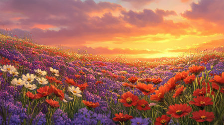 A stunning view of a flower field during sunset, showcasing vibrant blooms against a colorful sky. Ideal for nature lovers and peaceful imagery.の素材