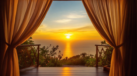 Enjoy a stunning sunset view framed by elegant curtains, overlooking a serene ocean horizon, perfect for creating a peaceful and relaxing atmosphere.の素材