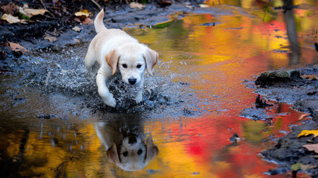 A charming young puppy joyfully splashes in a puddle surrounded by stunning autumn leaves, reflecting the vibrant colors of the season.の素材