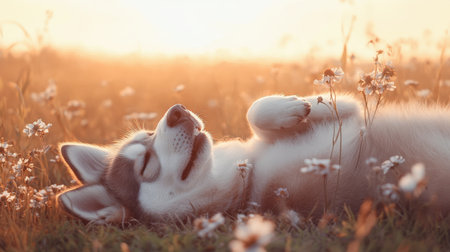 A serene Siberian husky enjoys a moment of relaxation among blooming wildflowers in a sunlit meadow. The golden hour light creates a tranquil atmosphere.の素材