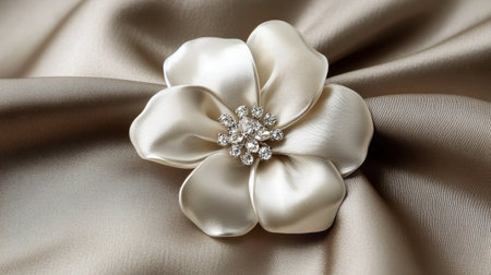 This image features an exquisite satin flower brooch adorned with sparkling crystals, resting elegantly on a smooth beige fabric, perfect for fashion or accessory themes.の素材