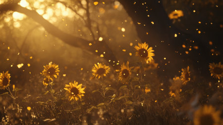 A stunning display of sunflowers bathed in golden sunlight, with delicate petals floating in the air, capturing the essence of a tranquil summer evening.の素材