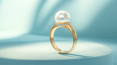 This stunning golden ring features a lustrous pearl and sparkling diamonds, perfectly showcased against a soft blue background, exuding elegance and charm.の素材